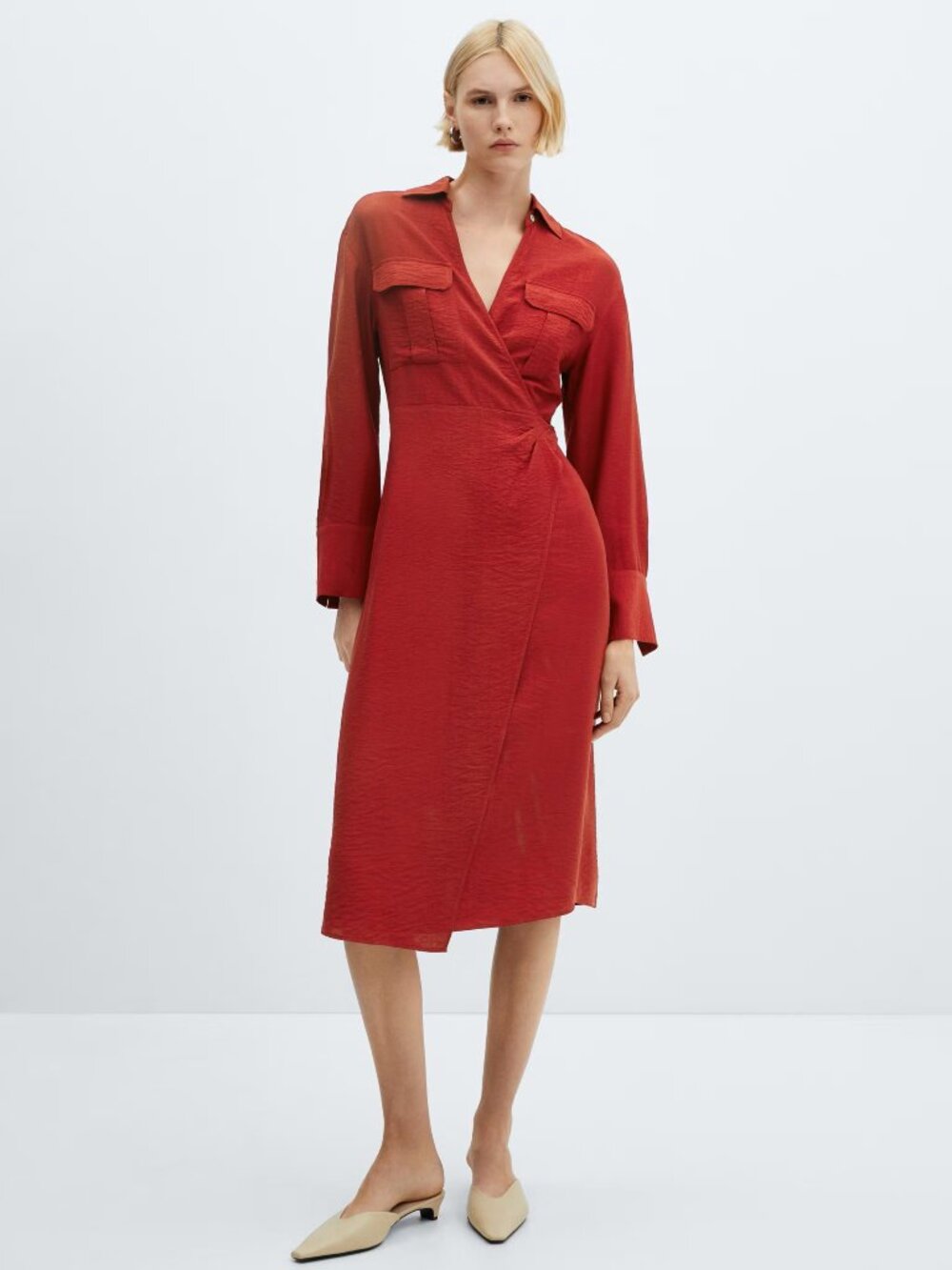 NWT MANGO MNG Wrap Midi Shirt Dress Red Tie Waist Long Sleeve Size 4